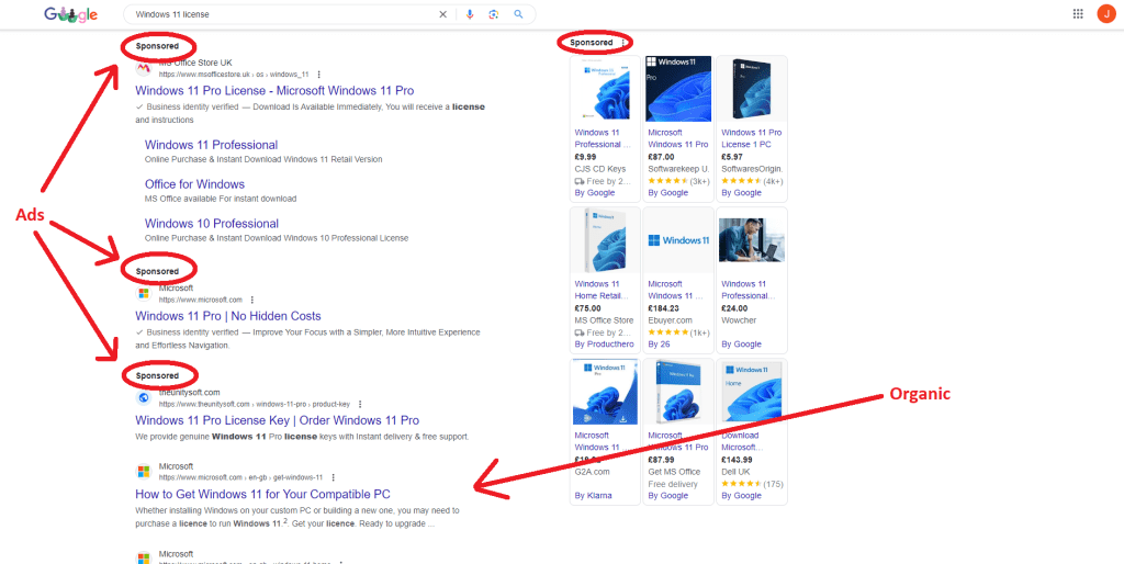 A Google Search Engine Results Page for the search term "Windows 11 license" with arrows pointing out the Paid Ad and Organic results