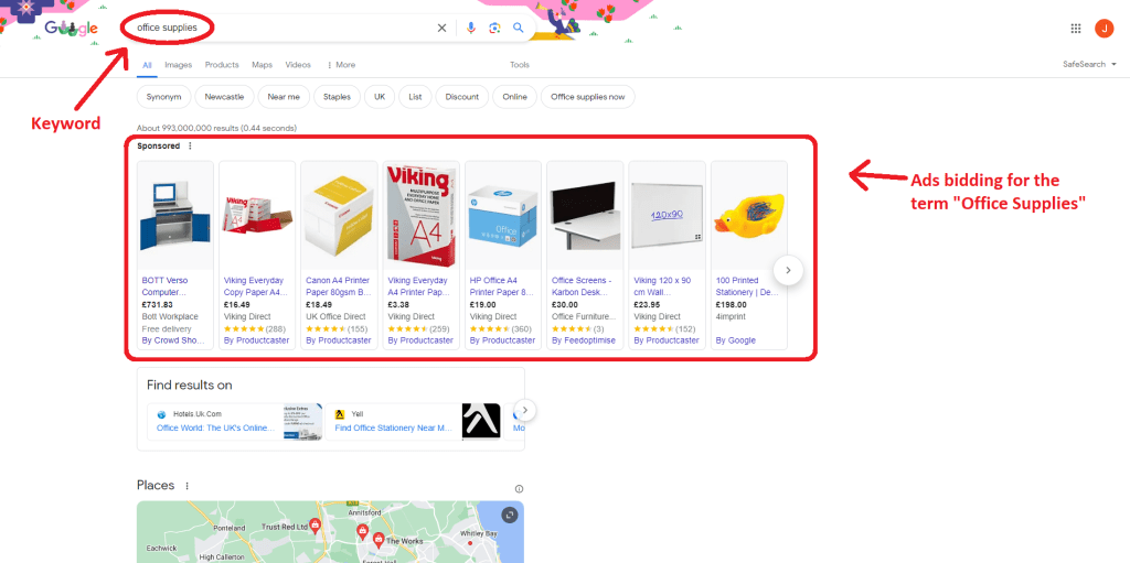 A Search Engine Results page highlighting the PPC results for the search term "office supplies".
